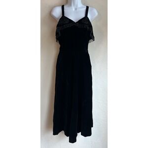 Vintage 50s 60s Marjorie Michael Beaded Fringe Black Velvet Cocktail Dress XS